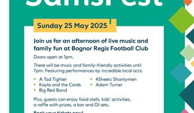 A poster for SamsFest. The text is as follows:   SamsFest in aid of Samaritans Bognor Regis, Chichester & District. Sunday 25 May 2025. Join us for an
