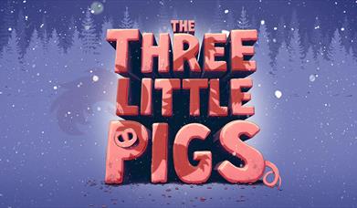 A graphic illustration of the title The Three Little Pigs in big pink letters. A pig's snout peeps out from the letter P, and a curly tail is attached