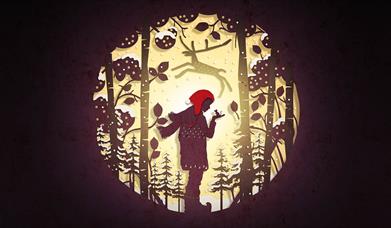 A circular cut-out silhouette, like an old-fashioned fairy story image, shows a boy wearing a red cap, a scarf, coat and boots, holding up his hand on