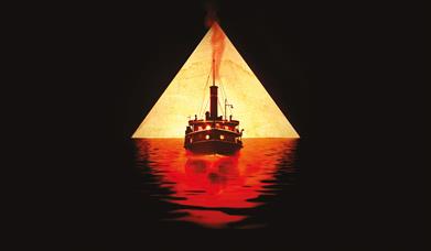 White and gold text on a black background reads 'Agatha Christie's Death on the Nile, adapted for the stage by Ken Ludwig, directed by Lucy Bailey.' I