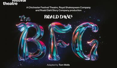 Against a black background, text reads 'Roald Dahl's The BFG'. 'Roald Dahl' is in white, with 'The BFG' in a magical, shimmering type with pink, purpl