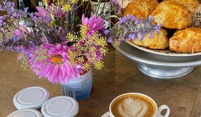 Flowers, coffee and scones at The Barn