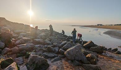 Sunset on a rocky shore with a group exploring the rock pool with their guide
