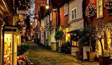 LOmbard Street in Petworth decorated for Christmas at twilight