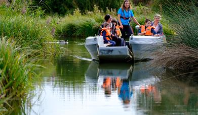 Families are on board a Wetlands Discovery Boat Safari with their guide driving down a channel cut through the reedbeds.