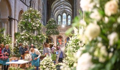 a view of floral arrangements in Chichester Cathedral